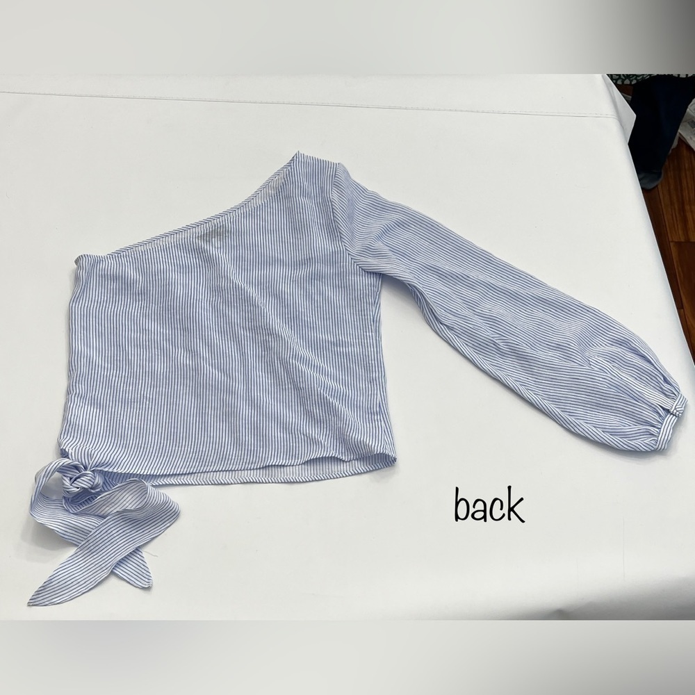 L’ Academie romantic sleeve blue & white pinstripe shirt size S - Picture 3 of 16